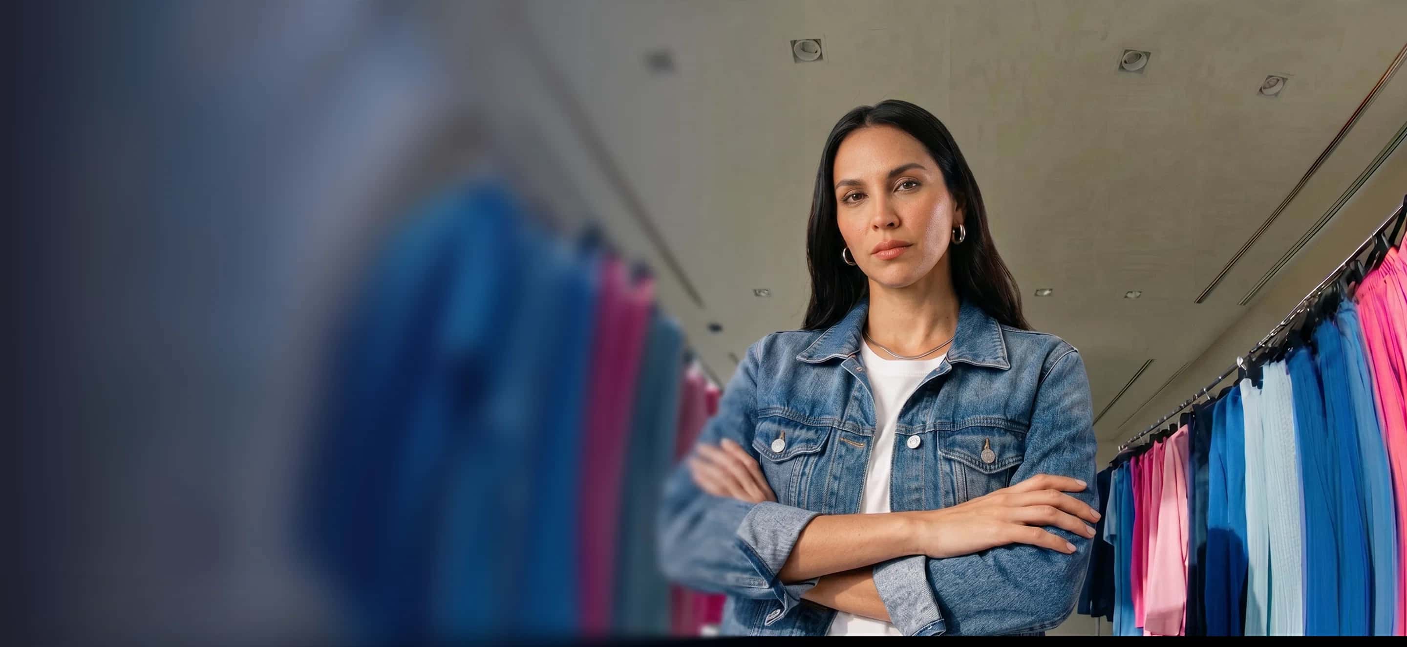 Mujer en su local mirando a camara